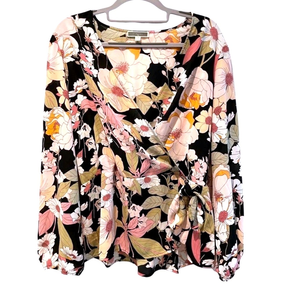 Pleione Womens Floral‎ Wrap Peplum Top Black Pink Long Sleeve Large